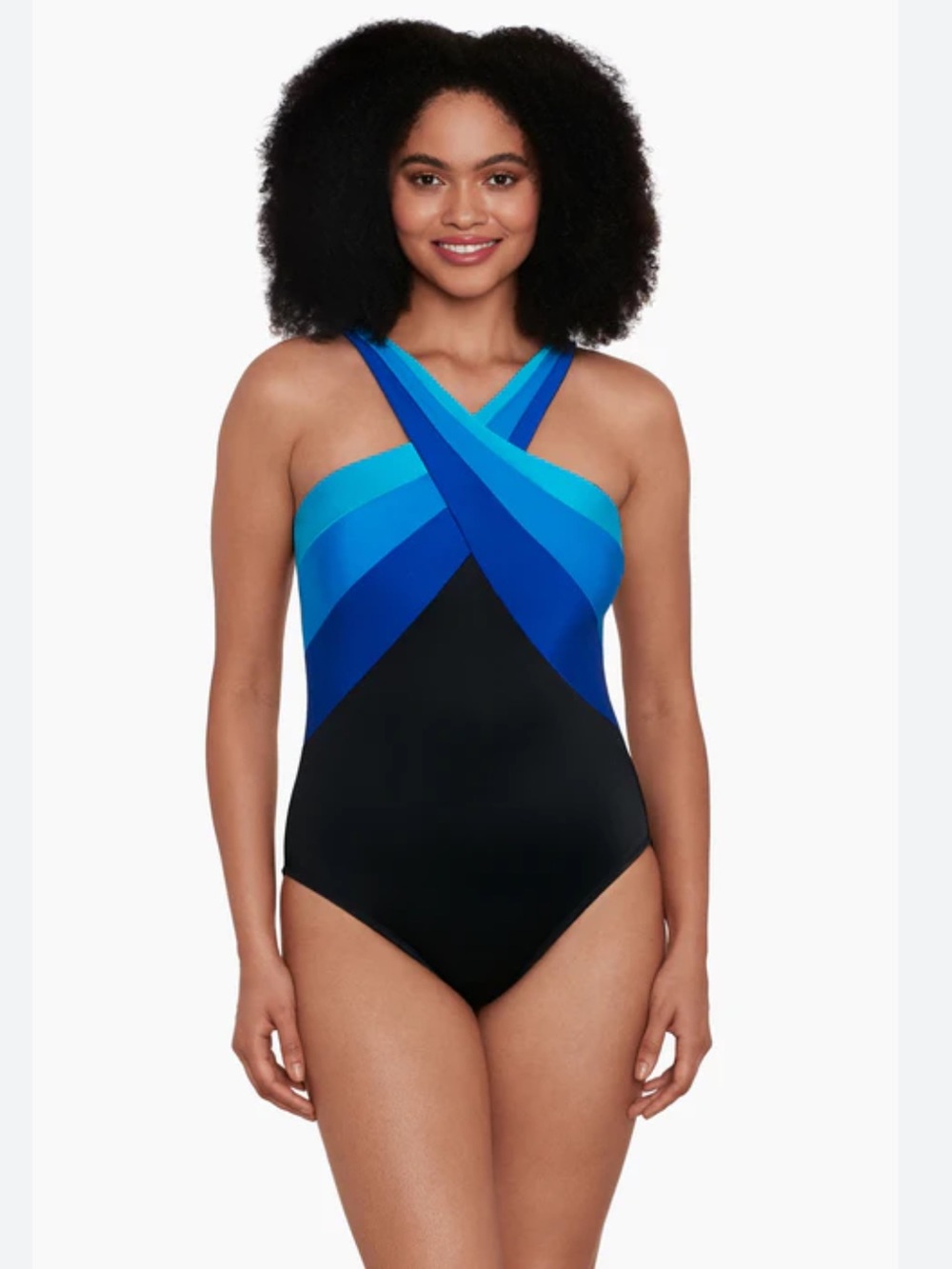 Longitude NEW Long Torso Crossover Gradient Neck Black Blues Womens 16